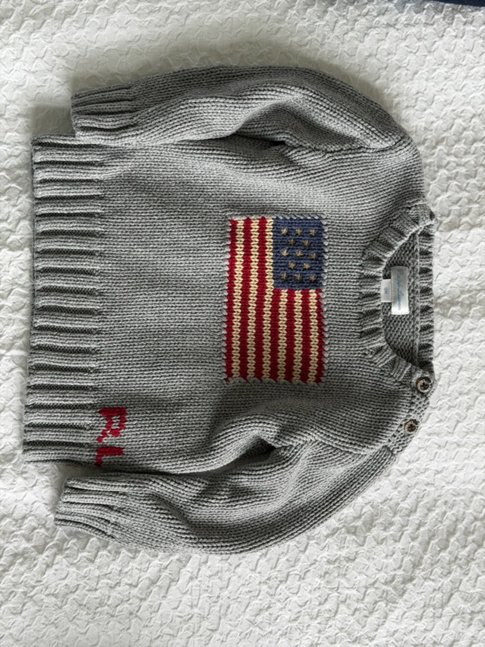 Ralph Lauren Gray Crewneck Sweater with Flag Motif
